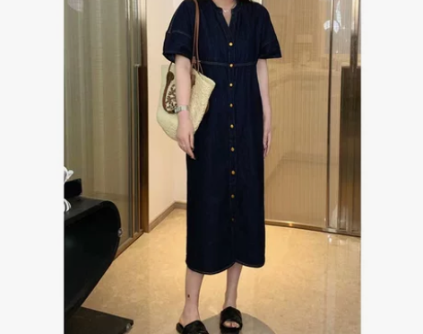 琪琪大码女装胖mm港风复古高级感牛仔连衣裙...