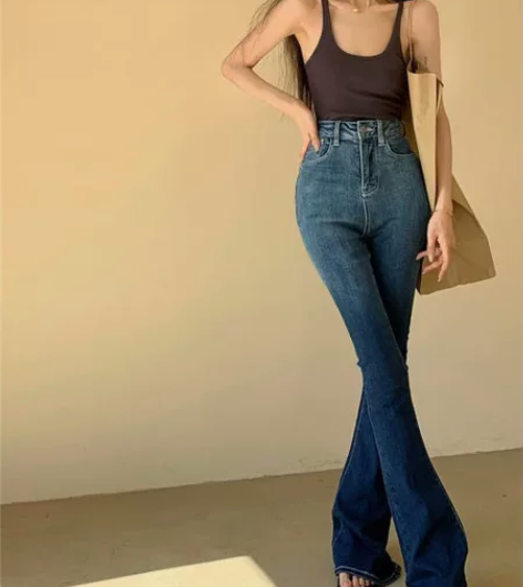 港味复古修身微喇叭牛仔裤女夏季2022新款...