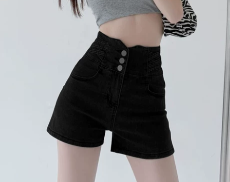 黑色高腰牛仔短裤女夏季2023年新款设计感...
