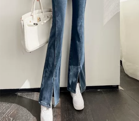 复古加绒高腰微喇牛仔裤2022年女新款开叉...