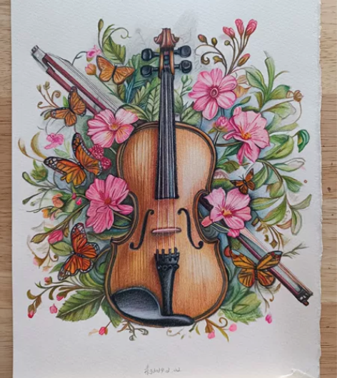 彩铅画小提琴，手绘，纸是16开的(20×30)，纯手工绘制概...