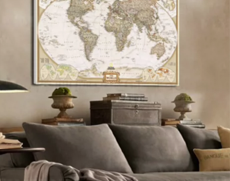 复古英文世界地图无框画书房办公室酒吧国家地...