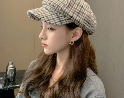 【国庆价】千鸟格子贝雷帽子女时尚百搭春秋冬...