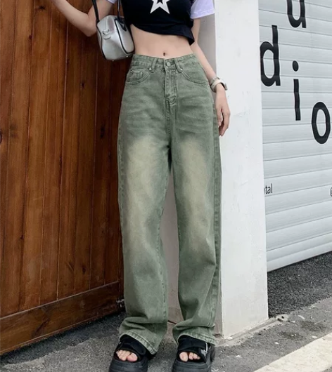 复古水洗绿色直筒牛仔裤女春夏秋冬高腰宽松显...