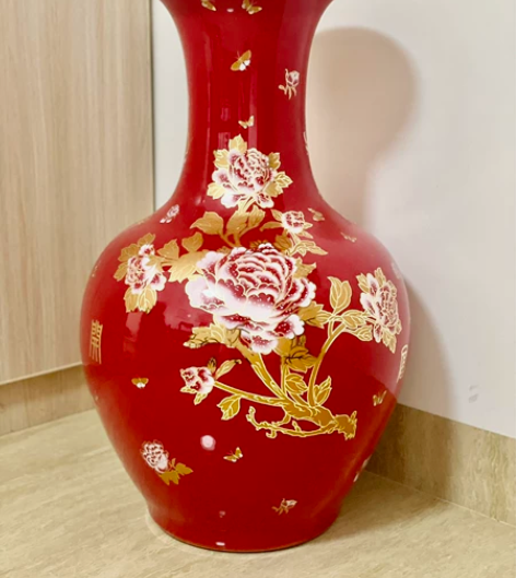 景德镇80高陶瓷中国红色花瓶插花家居中式客...
