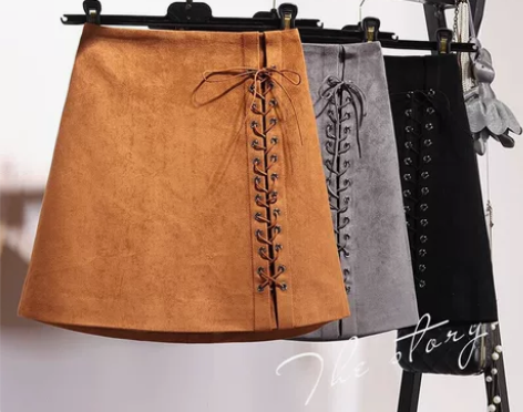 高腰绑带麂皮绒半身裙 韩版卡其色A字短裙包...