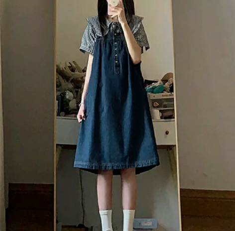 小个子娃娃领牛仔背带连衣裙女夏季2023新...