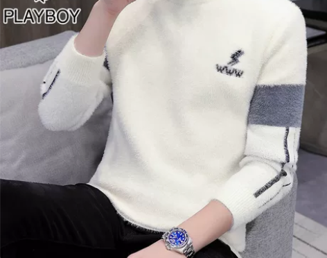 花花公子色系半高领毛衣男士宽松秋冬季加绒加...