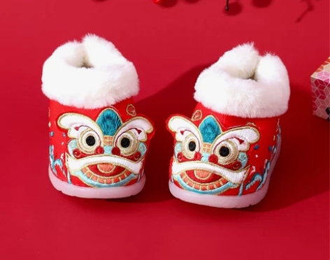 老虎头鞋一周岁冬季加绒红色宝宝鞋古风汉服中...