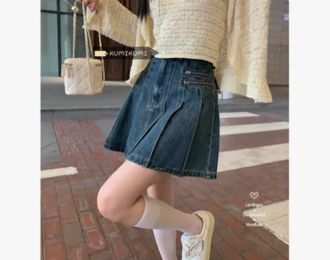 kumikumi牛仔裙女不规则百褶A字裙夏...