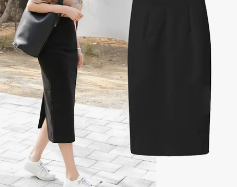 纯色黑色罗马布直筒铅笔包臀后开叉中长款半身...