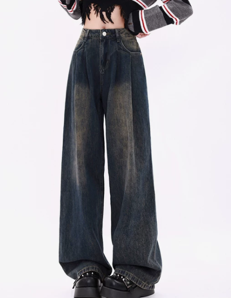 设计感小众复古褶皱阔腿牛仔裤女春秋新款宽松...