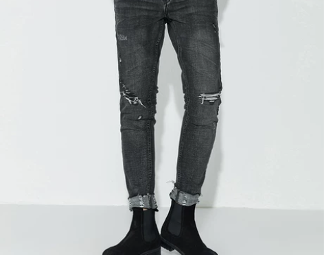 黑择明秋季新款男士破洞修身牛仔裤韩版小脚休...