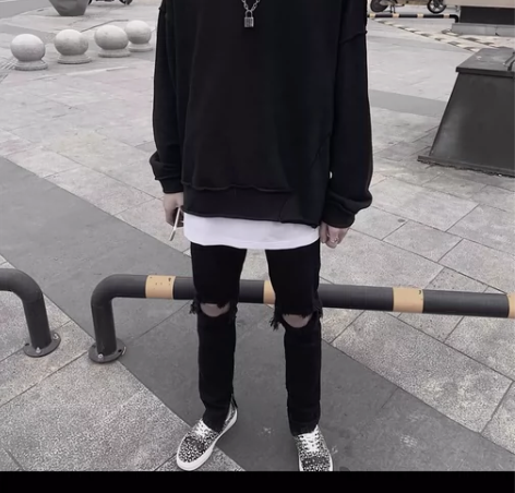 FOG风格复古高街破洞牛仔裤长裤修身小脚牛...