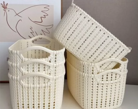 仿藤编桌面收纳篮塑料收纳筐厨房储物筐零食收...