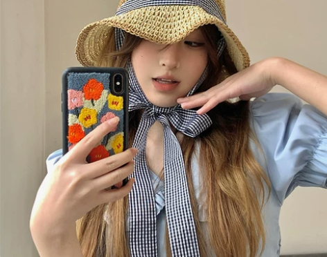 WN帽子日系甜美格子绑带草帽女生夏季海边度...