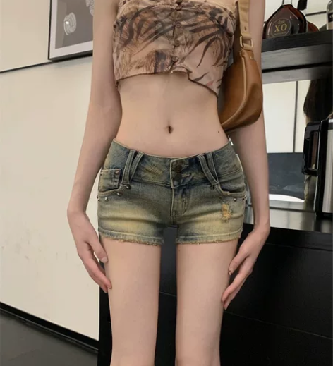 浅色复古牛仔超短裤女夏季ins潮高街水洗低...