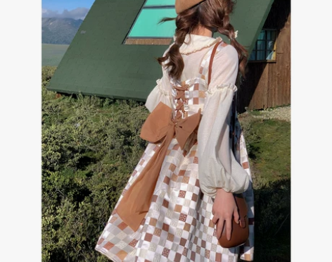 大口吃芝士微胖大码女装蝴蝶结绑带格子背带裙...
