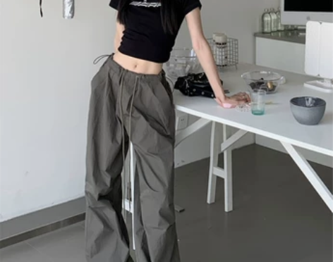 美式复古抽绳工装休闲裤女秋季低腰长裤灰色百...