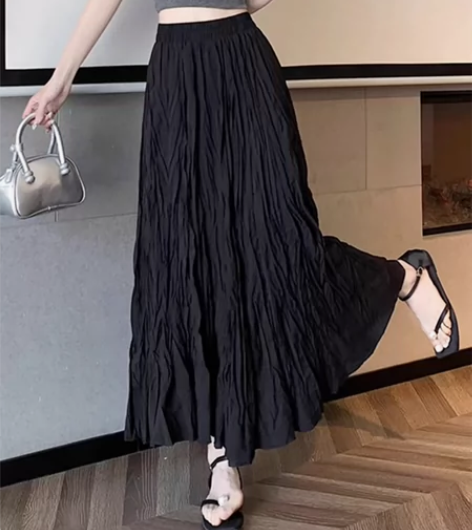 夏季黑色褶皱A字裙大摆半身裙女春秋2024...