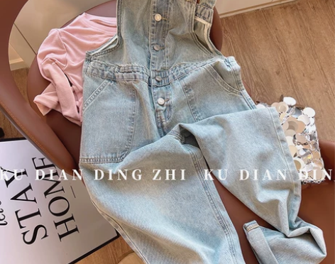 2024新款春秋小个子高腰直筒背带裤美式复...