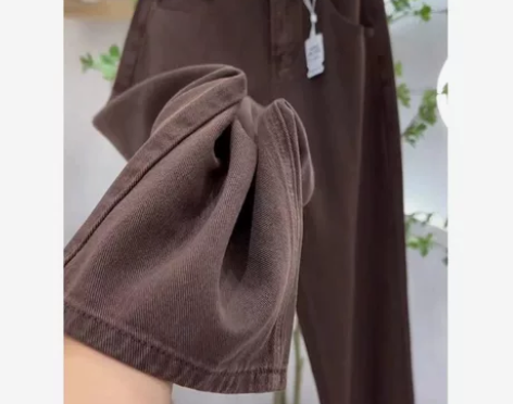 大码棕色阔腿牛仔裤女胖妹妹秋季新款高腰显瘦...