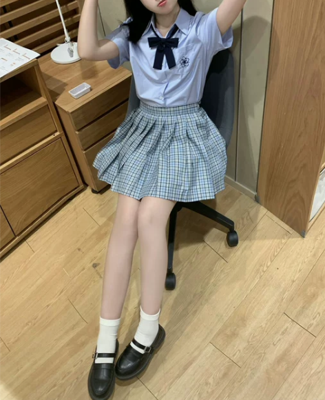 沧夏/原创学院风灰蓝色jk格裙春夏季日系浅...