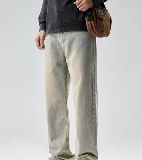 牛仔裤男款水洗裤黄泥染怀旧阔腿裤男士长裤潮...