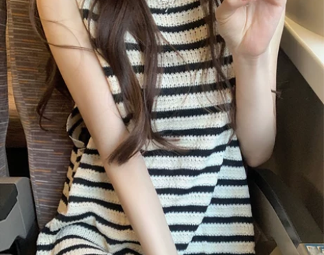 【告白季价】法式条纹针织吊带背心连衣裙女夏...