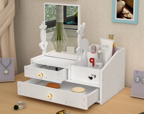 ?网红化妆品收纳盒带镜子抽屉式桌面整理梳妆...