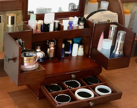 木质化妆品收纳盒带镜家用箱桌面大容量梳妆台...