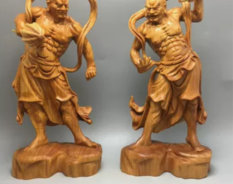 太行崖柏哼哈二将木质雕刻摆件门神送礼家居工...