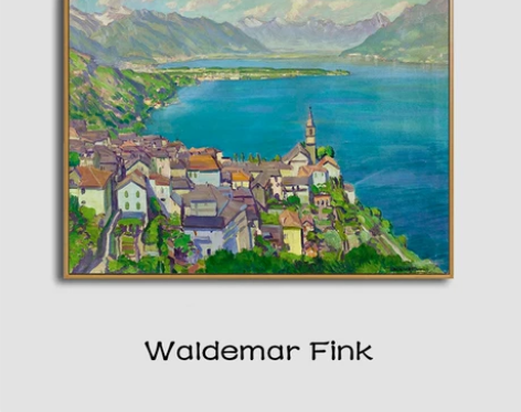 瓦尔德马芬克雪山草地乡村风景油画装饰画客餐...