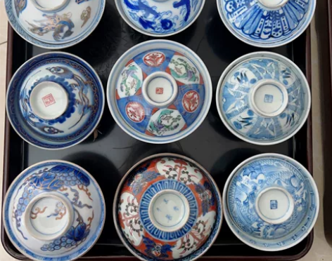 日本回流 盖碗 大正昭和时期 老青花老赤绘...