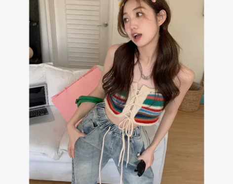 复古设计感小众彩虹吊带背心女外穿夏季202...