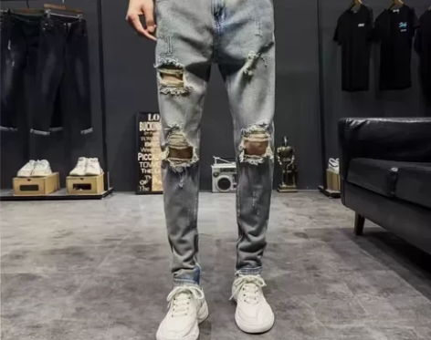 包邮，包邮破洞牛仔裤男修身潮牌浅色薄款破洞...