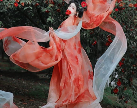 汉服女追鱼唐制齐胸诃子裙花瓣破烂大袖红锦鲤...