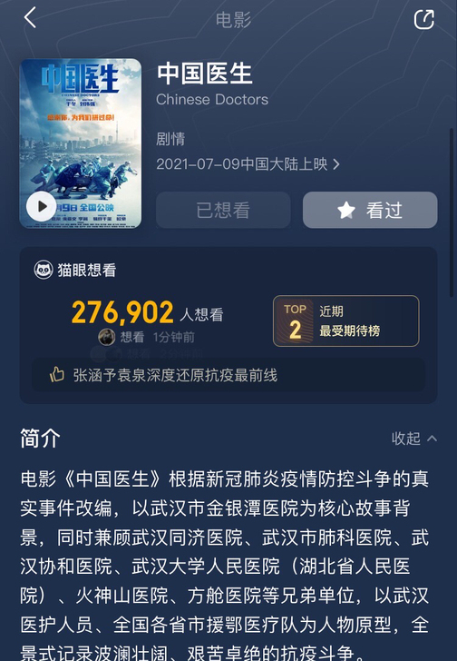 中国医生电影票预售