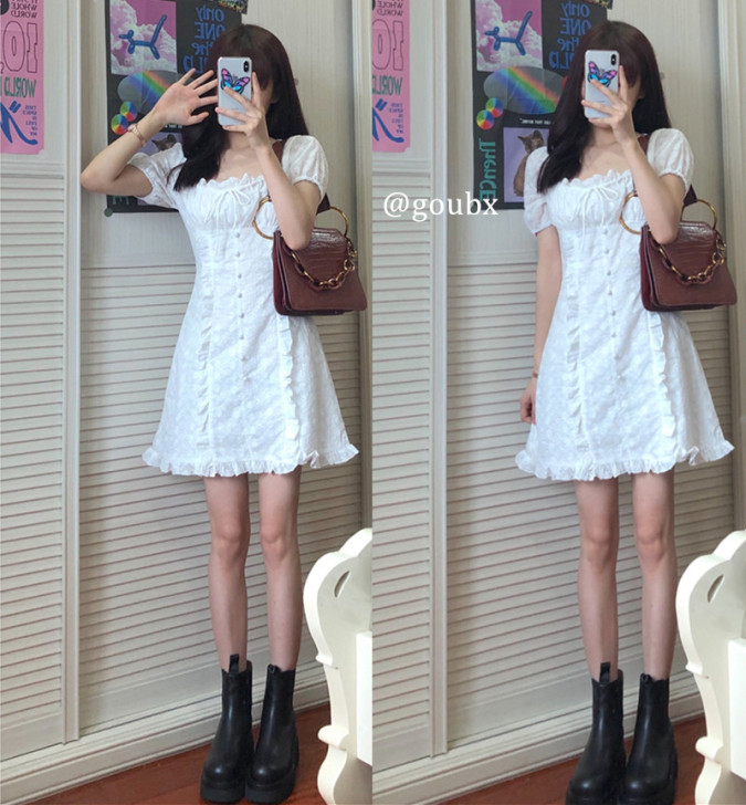 2020年新款夏季白色方领超仙森系仙女裙子...