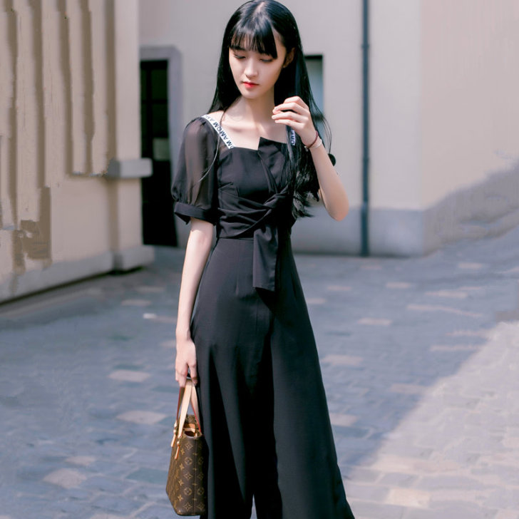 连体裤2021女夏装新款女装雪纺扭结字母吊...