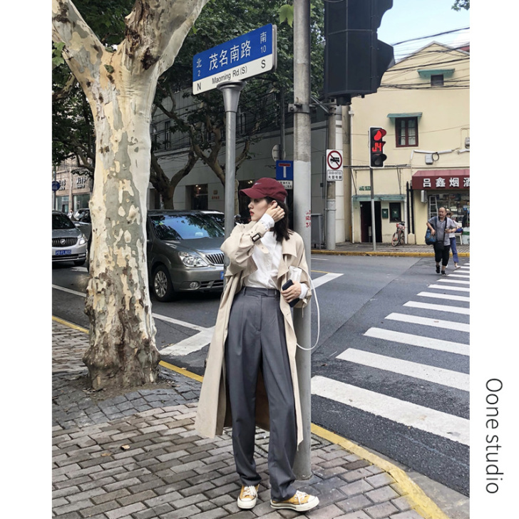 灰色西装长裤女顽童2018秋装新款宽松显瘦...