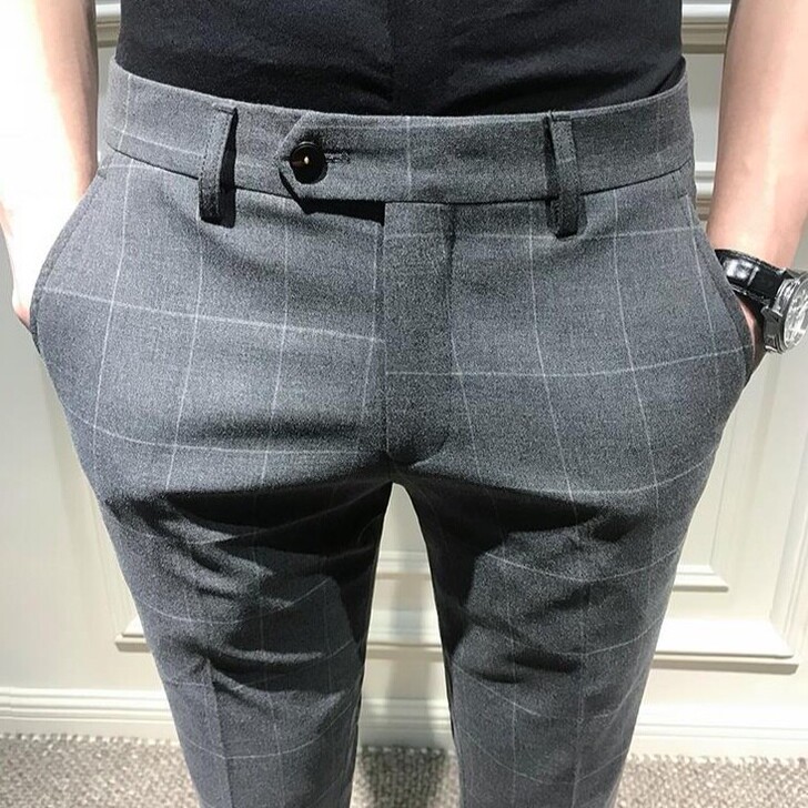 男士格子西裤九分裤修身帅气夏季薄款休闲西裤...
