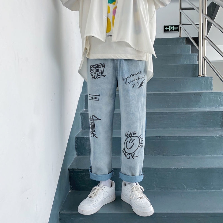 1嘻哈牛仔长裤男直筒宽松阔腿裤潮牌ins韩...