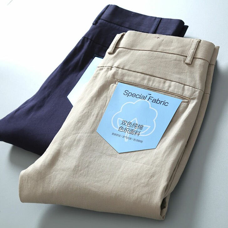 纯棉双色织!男士微弹休闲裤夏季薄款商务直筒...