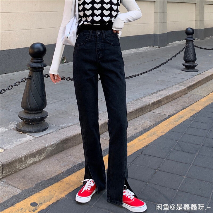 开叉阔腿裤女春秋韩版高腰显瘦百搭复古港味c...