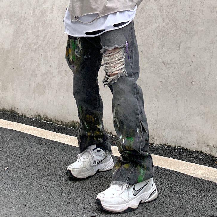 小众设计手绘涂鸦街头嘻哈高街牛仔裤男破洞宽...