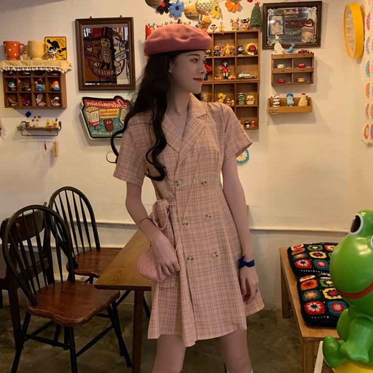 法式小众格子连衣裙女夏西装领收腰显瘦减龄气...