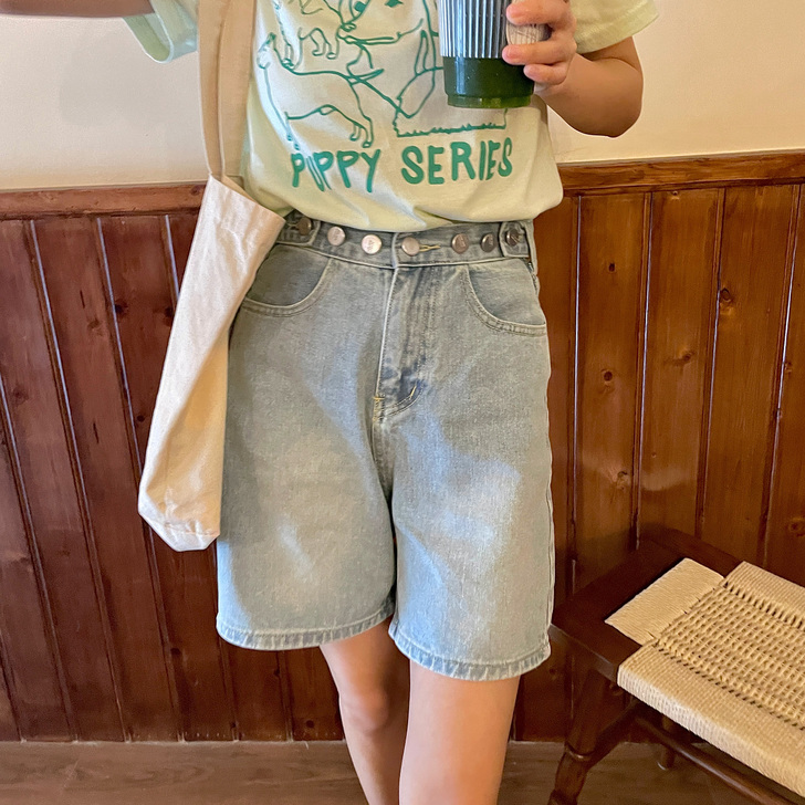 夏季必入短裤！小个子高腰显瘦复古浅蓝宽松直...