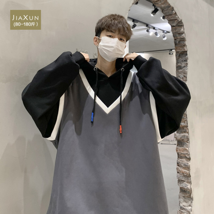 假两件卫衣男士秋冬季加绒加厚款连帽宽松港风...