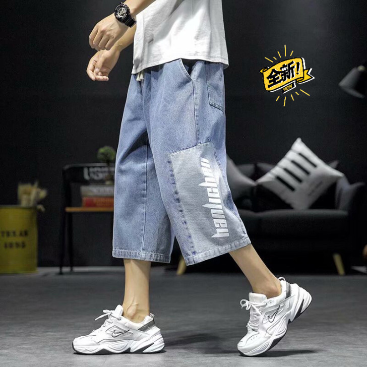 牛仔七分裤男宽松ins百搭高街情侣阔腿休闲...